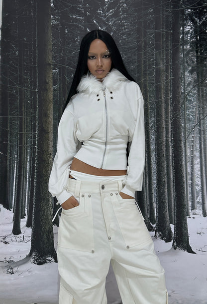 FF CROPPED WHITE HOODIE ZIP